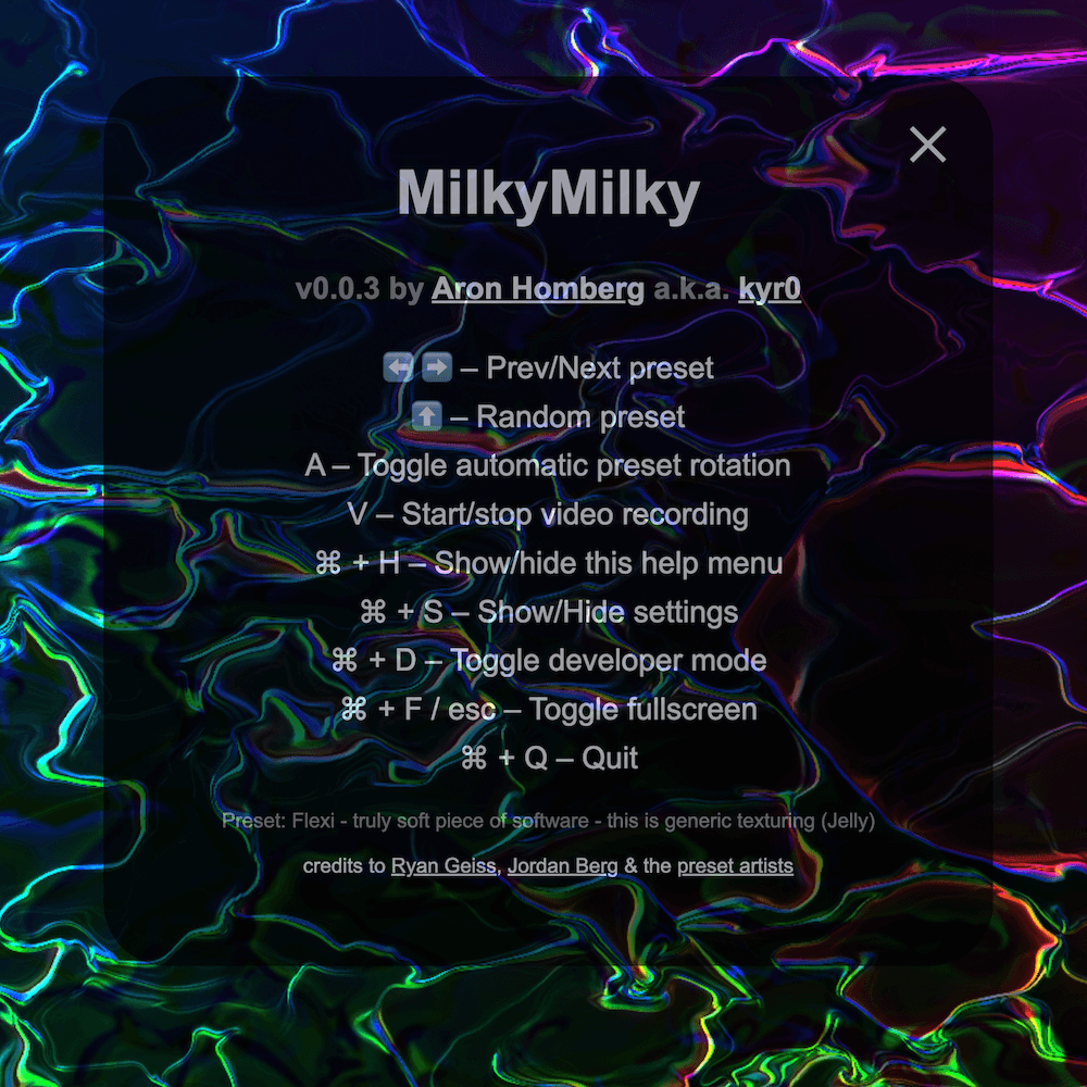 Shows the help screen of MilkyMilky